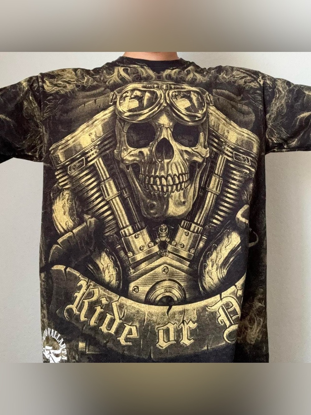 Vintage 2000s Ride or Die Motorcycle AOP Graphics Black Tee Shirt Y2K